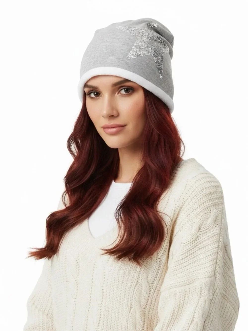Gray Silver Sequin Star Slouchy Beanie Hat Faux Fur Lined OS NWT